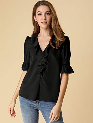 Allegra K Blusa De Manga De Campana con Cuello En V Y Volantes para Mujer, Blusa Campesina De Gasa Informal Vintage De Verano Negro M