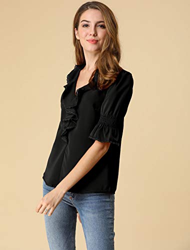 Allegra K Blusa De Manga De Campana con Cuello En V Y Volantes para Mujer, Blusa Campesina De Gasa Informal Vintage De Verano Negro M