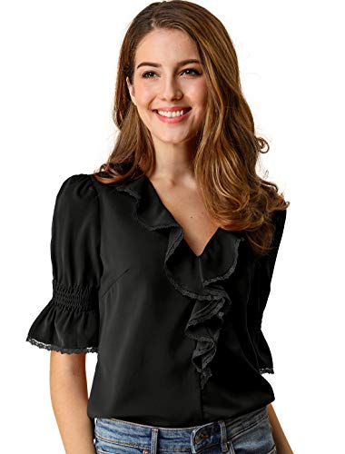 Allegra K Blusa De Manga De Campana con Cuello En V Y Volantes para Mujer, Blusa Campesina De Gasa Informal Vintage De Verano Negro M