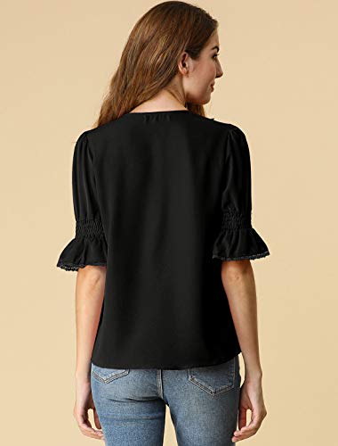 Allegra K Blusa De Manga De Campana con Cuello En V Y Volantes para Mujer, Blusa Campesina De Gasa Informal Vintage De Verano Negro M