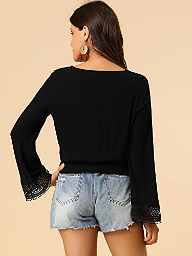 Allegra K Blusa Recortado con Dobladillo Fruncido y Manga de Campana con Cuello de Lazo Campesino Bordado de Encaje para Mujer Negro S