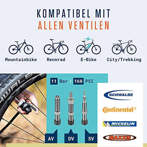 Alphatrail Bomba de Pie Paul - para Todas Las válvulas 11 Bar / 160 PSI presión máxima I Gran manómetro (Ø48mm) I Incluido el Adaptador I Bomba de Bicicleta para la válvula Presta, Schrader y Dunlop