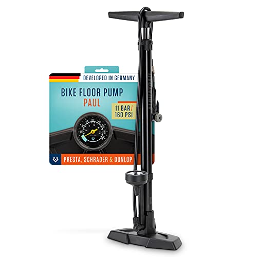 Alphatrail Bomba de Pie Paul - para Todas Las válvulas 11 Bar / 160 PSI presión máxima I Gran manómetro (Ø48mm) I Incluido el Adaptador I Bomba de Bicicleta para la válvula Presta, Schrader y Dunlop