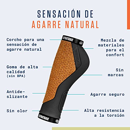 Alphatrail Puños Bicicleta Ergonómico Felix I Material de Corcho para una sensación de Agarre Natural y Confortable I Fuerte Montaje de los puños del manubrio al manubrio de la Bicicleta de Ø 22mm