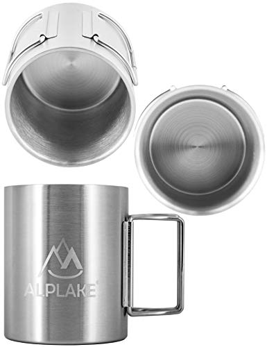 ALPLAKE® Taza de acero inoxidable de doble pared con mango plegable, 250 ml