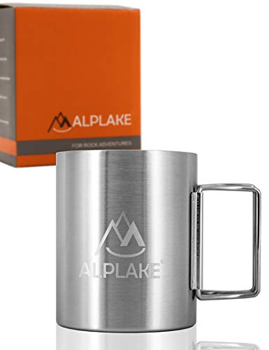 ALPLAKE® Taza de acero inoxidable de doble pared con mango plegable, 250 ml