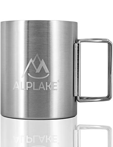 ALPLAKE® Taza de acero inoxidable de doble pared con mango plegable, 250 ml