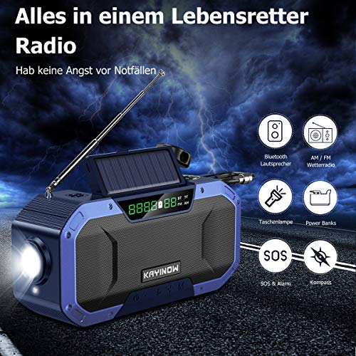 Altavoz Bluetooth portátil con radio solar AM FM – 5000mAh pilas dinamo recargable, emergencia radio manivela, resistente agua IP6, lámpara lectura, linterna, SOS, USB de teléfono, supervivencia
