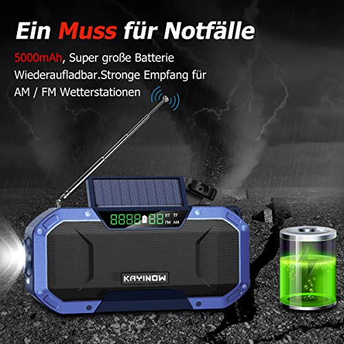 Altavoz Bluetooth portátil con radio solar AM FM – 5000mAh pilas dinamo recargable, emergencia radio manivela, resistente agua IP6, lámpara lectura, linterna, SOS, USB de teléfono, supervivencia