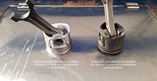 Alumisol detergente limpiador ultrasónico. Especialmente formulado para desengrasar, restaurar y potenciar el brillo natural de las piezas de aluminio y acero del automóvil.