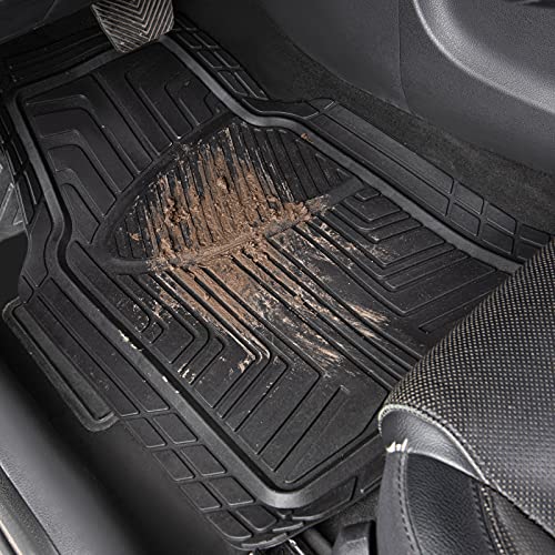 Amazon Basics - Alfombrilla de goma para coches, todocaminos y camiones hecha para todas las estaciones, negra (3 unidades, alfombrilla trasera continua)