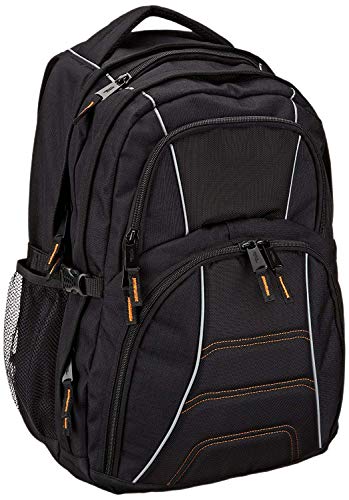 Amazon Basics - Mochila, compatible con la mayoría de los ordenadores portátiles de 43 cm, con tirantes acolchados y compartimentos de almacenamiento para bolígrafos, llaves y teléfono móvil, negra