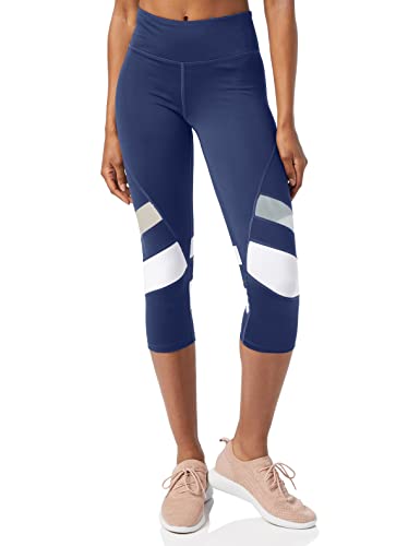 Amazon Brand - AURIQUE Leggings deportivos capri con paneles para mujer, Azul (Navy/white), 36, Label:XS