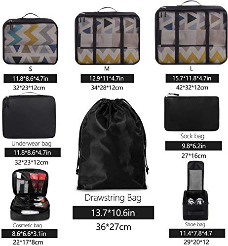 Amazon Brand - Eono 8 Set Cubos de Embalaje, Organizadores para Maletas, Travel Packing Cubes, Equipaje de Viaje Organizadores, con Bolsa de Zapatos, Bolsa de Cosméticos y Bolsa de Lavandería - Negro