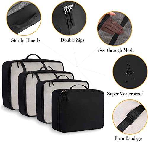 Amazon Brand - Eono 8 Set Cubos de Embalaje, Organizadores para Maletas, Travel Packing Cubes, Equipaje de Viaje Organizadores, con Bolsa de Zapatos, Bolsa de Cosméticos y Bolsa de Lavandería - Negro