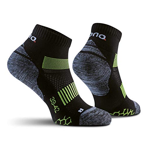 Amazon Brand - Eono - Calcetines Deportivos De Running (3-Pack), Hombre y Mujer, Calcetines Para Fitness, Running, Jogging, Triatlón, Color: Negro-Verde, Talla: UK 6-8, EU 39-42