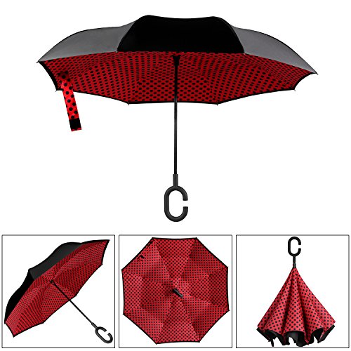 Amazon Brand - Eono Paraguas Invertido de Doble Capa, Paraguas Plegable de Manos Libres Autoportante,Paraguas a Prueba de Viento Anti-UV para la Lluvia del Coche al Aire Iibre - Punto Rojo