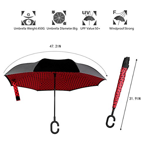 Amazon Brand - Eono Paraguas Invertido de Doble Capa, Paraguas Plegable de Manos Libres Autoportante,Paraguas a Prueba de Viento Anti-UV para la Lluvia del Coche al Aire Iibre - Punto Rojo