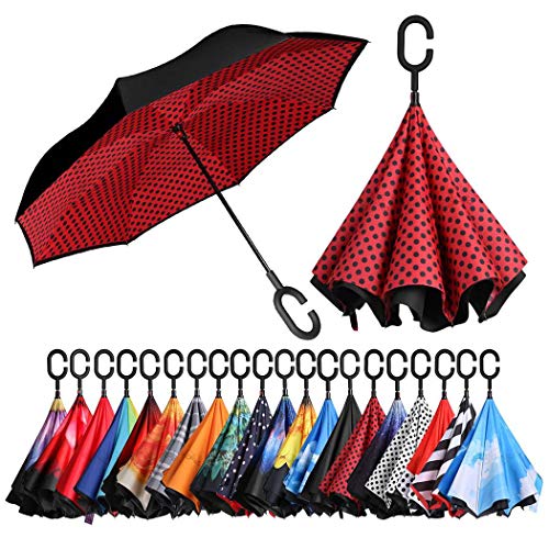 Amazon Brand - Eono Paraguas Invertido de Doble Capa, Paraguas Plegable de Manos Libres Autoportante,Paraguas a Prueba de Viento Anti-UV para la Lluvia del Coche al Aire Iibre - Punto Rojo