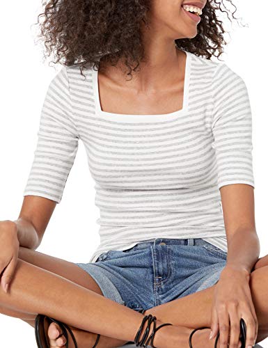 Amazon Essentials Slim Fit Half Sleeve Square Neck T-Shirt Camiseta, Gris Mezcla/Blanco, Rayas, XL