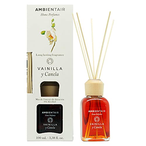 Ambientair Home Perfumes. Difusor de Varillas perfumadas Aroma Vainilla y Canela. Ambientador Mikado Aroma Vainilla y Canela. Difusor 100 ml con palitos de ratán. Ambientador sin Alcohol para casa.