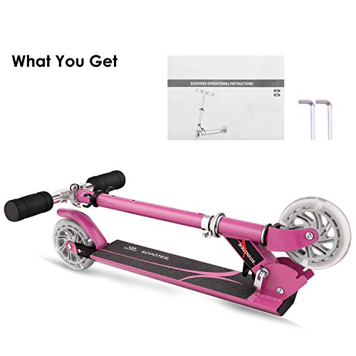 AMDirect Patinete 2 Ruedas para Niña Patinete Niña Plegable con Altura de Manillar Ajustable 63cm, 75cm, 85cm Patinete para Niños 3-12 Años Patín Scooter con 2 Ruedas Led, Rosa