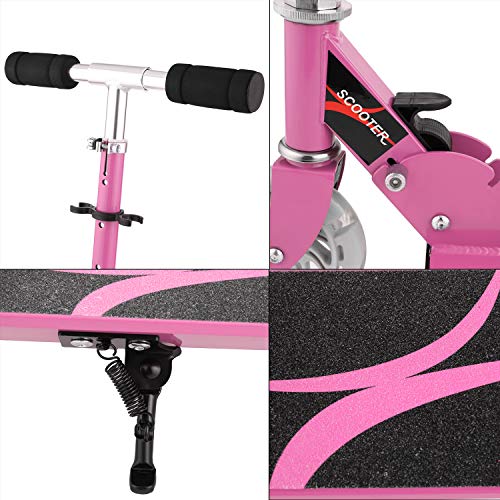 AMDirect Patinete 2 Ruedas para Niña Patinete Niña Plegable con Altura de Manillar Ajustable 63cm, 75cm, 85cm Patinete para Niños 3-12 Años Patín Scooter con 2 Ruedas Led, Rosa