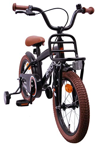 Amigo 2Cool - Bicicleta Infantil de 16 Pulgadas - para niños de 4 a 6 años - con V-Brake, Freno de Retroceso, Timbre, portaequipajes Delantero y ruedines - Negro Mate