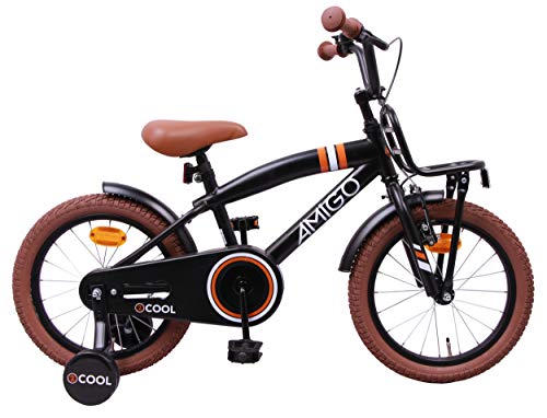 Amigo 2Cool - Bicicleta Infantil de 16 Pulgadas - para niños de 4 a 6 años - con V-Brake, Freno de Retroceso, Timbre, portaequipajes Delantero y ruedines - Negro Mate