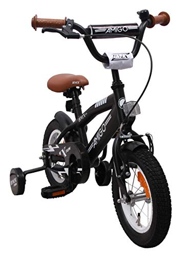 Amigo BMX Fun - Bicicleta Infantil de 12 Pulgadas - para niños de 3 a 4 años - con V-Brake, Freno de Retroceso, Timbre y ruedines - Negro Mate