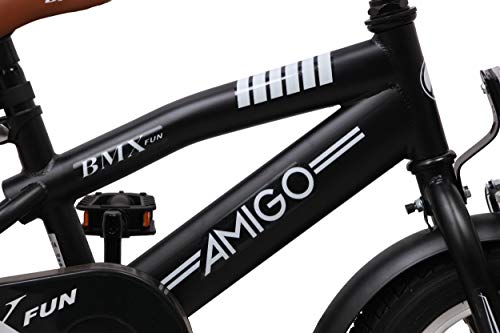 Amigo BMX Fun - Bicicleta Infantil de 12 Pulgadas - para niños de 3 a 4 años - con V-Brake, Freno de Retroceso, Timbre y ruedines - Negro Mate