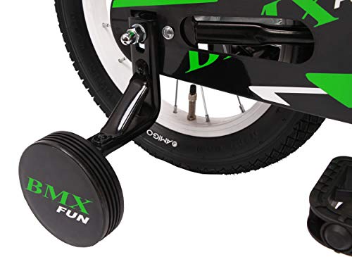 Amigo BMX Fun - Bicicleta Infantil de 14 Pulgadas - para niños de 3 a 4 años - con V-Brake, Freno de Retroceso, Timbre y ruedines - Negro/Verde