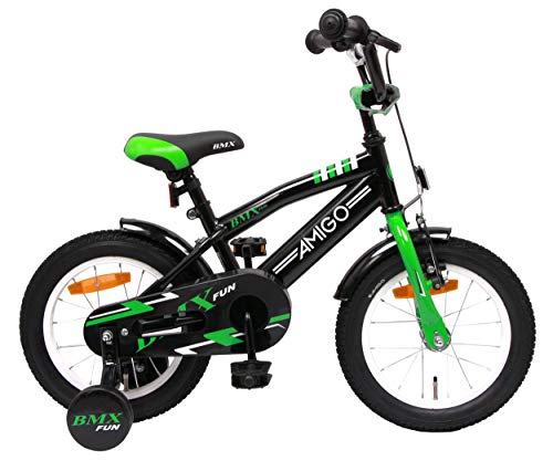 Amigo BMX Fun - Bicicleta Infantil de 14 Pulgadas - para niños de 3 a 4 años - con V-Brake, Freno de Retroceso, Timbre y ruedines - Negro/Verde