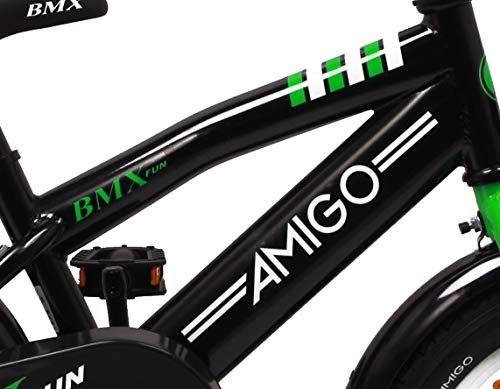 Amigo BMX Fun - Bicicleta Infantil de 14 Pulgadas - para niños de 3 a 4 años - con V-Brake, Freno de Retroceso, Timbre y ruedines - Negro/Verde