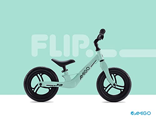 Amigo Flip - Bicicleta sin pedales de 12 pulgadas (2-4 años), para niños y niñas, con marco de acero, manillar y asiento ajustables, hasta 30 kg, color verde menta