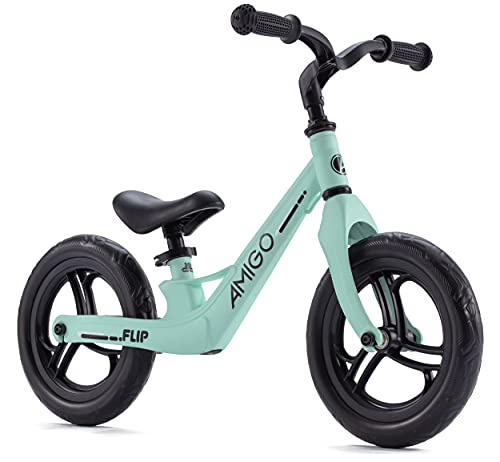 Amigo Flip - Bicicleta sin pedales de 12 pulgadas (2-4 años), para niños y niñas, con marco de acero, manillar y asiento ajustables, hasta 30 kg, color verde menta