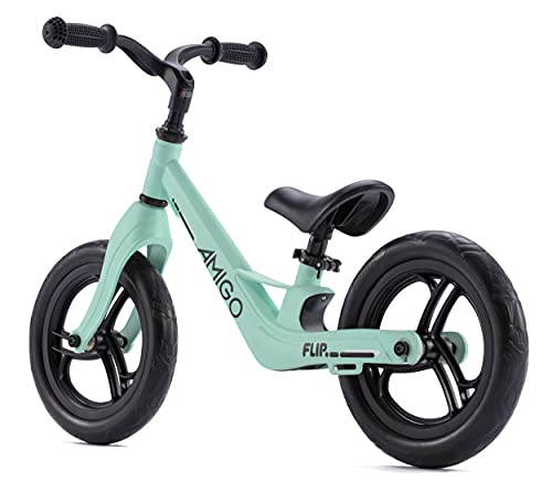 Amigo Flip - Bicicleta sin pedales de 12 pulgadas (2-4 años), para niños y niñas, con marco de acero, manillar y asiento ajustables, hasta 30 kg, color verde menta
