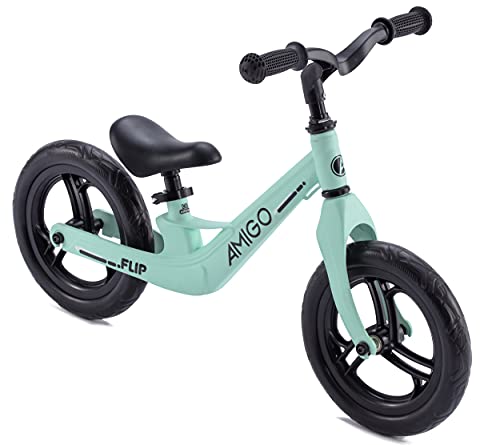 Amigo Flip - Bicicleta sin pedales de 12 pulgadas (2-4 años), para niños y niñas, con marco de acero, manillar y asiento ajustables, hasta 30 kg, color verde menta