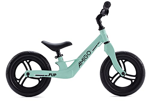 Amigo Flip - Bicicleta sin pedales de 12 pulgadas (2-4 años), para niños y niñas, con marco de acero, manillar y asiento ajustables, hasta 30 kg, color verde menta