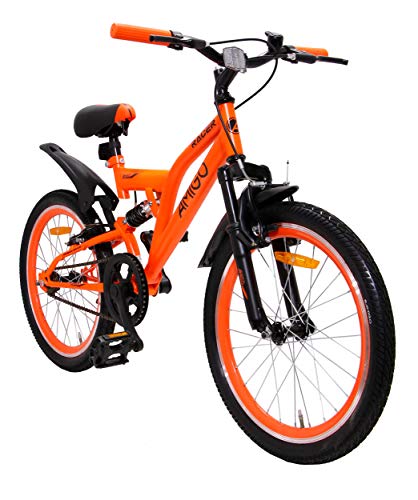 Amigo Racer - Bicicleta de montaña para niños y niñas de 20 pulgadas, apta a partir de 115 cm, suspensión completa, con freno de mano y soporte, color naranja