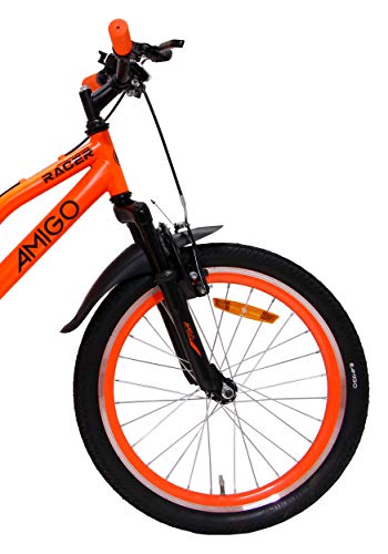 Amigo Racer - Bicicleta de montaña para niños y niñas de 20 pulgadas, apta a partir de 115 cm, suspensión completa, con freno de mano y soporte, color naranja