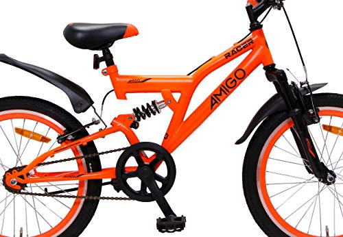 Amigo Racer - Bicicleta de montaña para niños y niñas de 20 pulgadas, apta a partir de 115 cm, suspensión completa, con freno de mano y soporte, color naranja