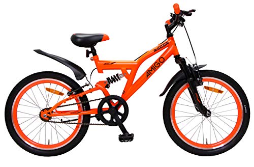 Amigo Racer - Bicicleta de montaña para niños y niñas de 20 pulgadas, apta a partir de 115 cm, suspensión completa, con freno de mano y soporte, color naranja
