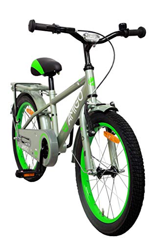 Amigo Sports - Bicicleta Infantil de 18 Pulgadas - para niños de 5 a 8 años - con V-Brake, Freno de Retroceso, Timbre, estándar e iluminación - Verde Oliva