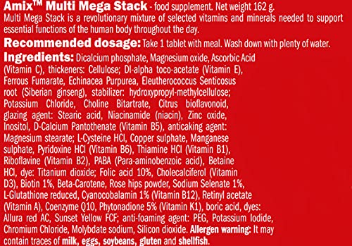 AMIX - Complejo Vitamínico - Multi Mega Stack con Vitaminas y Minerales - 120 Tabletas - Mejora el Rendimiento Físico y Mental - Suplemento con Hierro - Eficaces Suplementos Vitamínicos