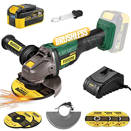 Amoladora Angular 18V Brushless, Amoladora Batería TECCPO, Cargador Rápido, 4.0Ah Batería, 5 Discos, Mango Auxiliar de Tres direcciones, 2 Cubiertas Protectoras de Ruedas （Mejorada)