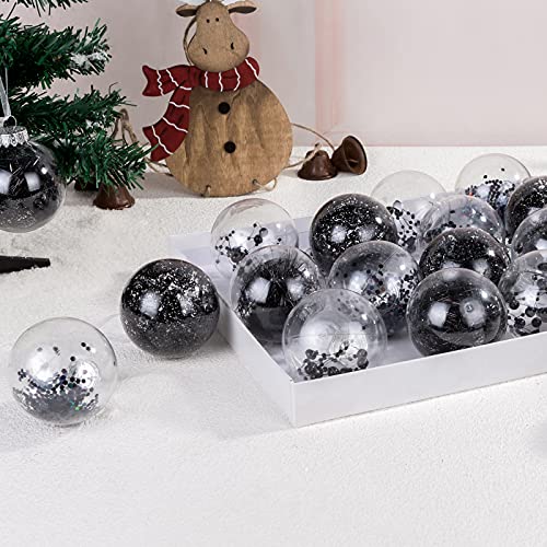 AMS Bolas decorativas de Navidad de plástico transparente inastillable de 2,7 pulgadas/24 quilates, bolas decorativas de Navidad con delicados adornos (60 mm negro)