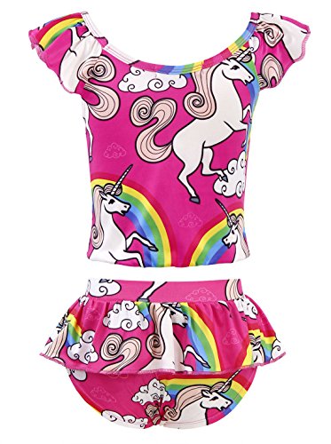 AmzBarley Traje de Baño Natacion Bañador Unicornio Dos Piezas Conjunto para Niña,Verano Vacaciones Hawaiian Playa Nadar Tankini Ropa Rosa Rojo 18 5-6 Años