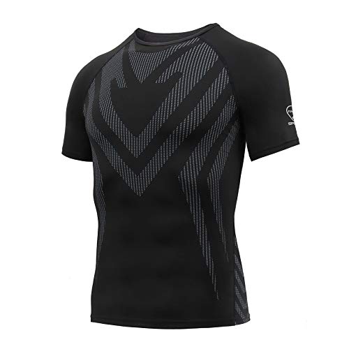 AMZSPORT Camisa de Compresión Deportiva para Hombre Camiseta de Manga Corta Camiseta de Secado Rápido Capa Base para Correr, Negro S