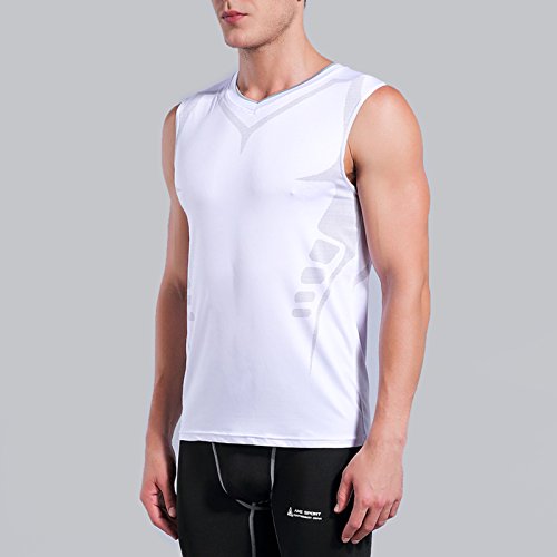 AMZSPORT Camiseta de compresión sin mangas para hombre Deportes de Secado Rápido Baselayer Funcionamiento Tirantes Blanco L